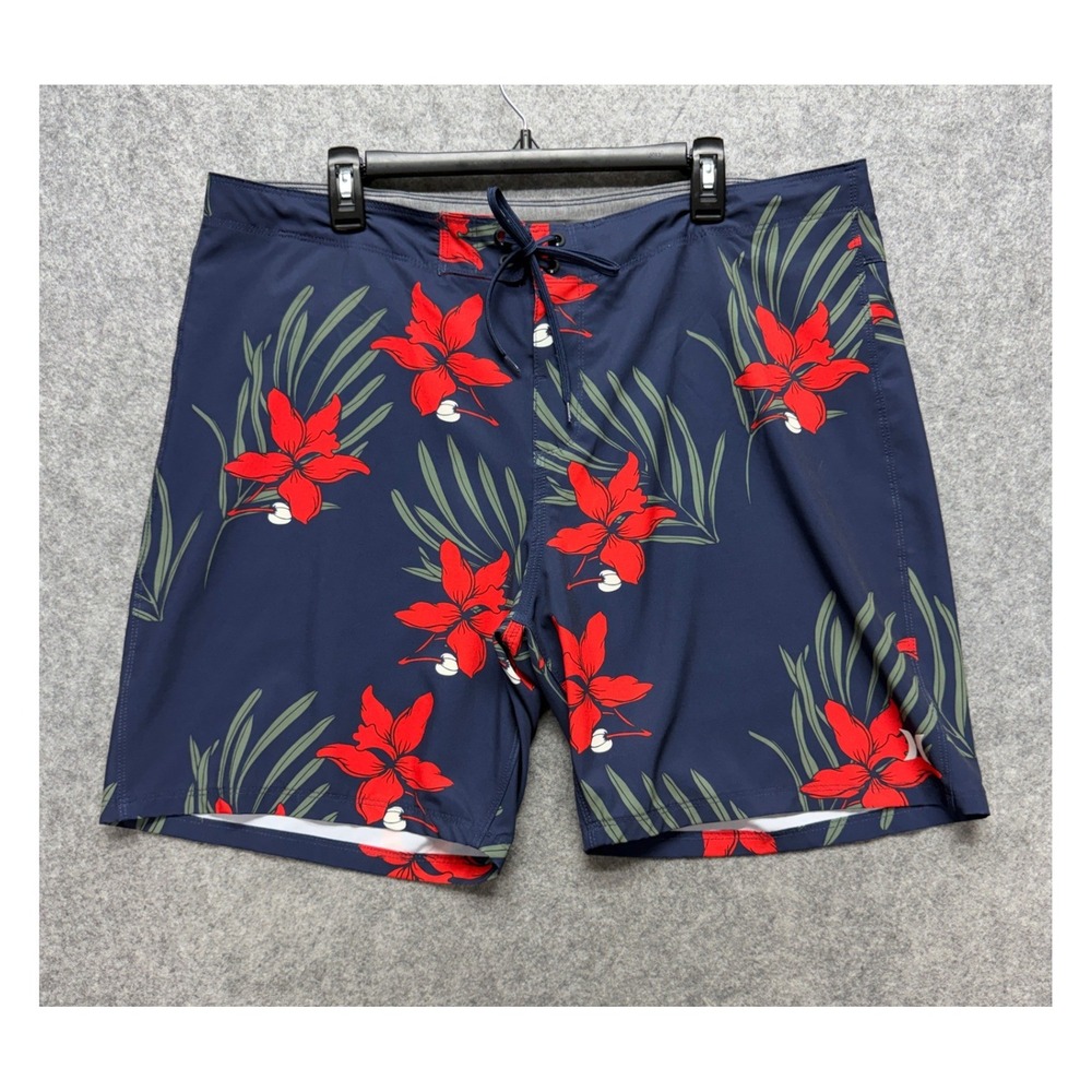 Hurley Mens Board Shorts Navy Blue Red Floral Palm Print Swim Trunks Size 38